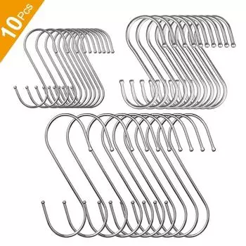 10pcs Heavy Duty Stainless Steel S-Shaped Hook for Kitchen, Home, and Garden Use - Ideal for Hanging Clothing, Utensils,and Tool S серебряный