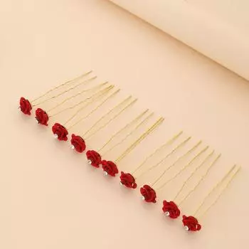 10Pcs Rose Hair Accessories Wedding Bride Hairpins Flower Hair Clips Red Velvet Clips For Women Elegant Pin Diamond Barrettes