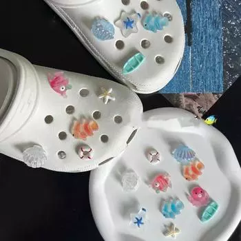 10Pcs Shining Shell Marine Animal Holes Shoe Charms Sandals Shoes Buckle Decor Slipper Accessories For Girls Shoes Diy Gift