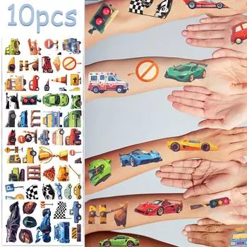 10sheets Cartoon Cars Bus Ambulance Tattoo Stickers For Face Arm Body Temporary Waterproof Tattoo Stickers Kids Creative Gifts
