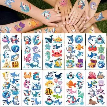 10sheets Cartoon Cute Sharks Tattoo Stickers For Face Hand Body Temporary Fake Waterproof Tattoo Stickers Kids Creative Gifts