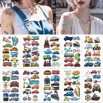 10sheets Cartoon Vehicle Car Ship Pattern Tattoo Stickers For Hand Face Body Temporary Fake Tattoo Stickers Kids Party Supplies