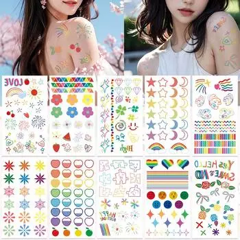 10sheets Colorful Graffiti Pattern Tattoo Stickers For Face Arm Body Temporary Fake Waterproof Tattoo Stickers Kids Party Gifts