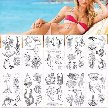 10sheets Ocean Minimalist Shark Seahorse Jellyfish Tattoo Stickers For Face Hand Body Temporary Tattoo Stickers Kids Toys Gifts