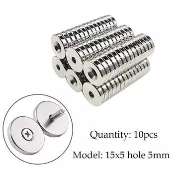 10шт круглые неодимовые потайные кольцевые магниты 15 х 5 мм, отверстие 5 мм, редкоземельные N50 15x5 hole 5mm 10pcs