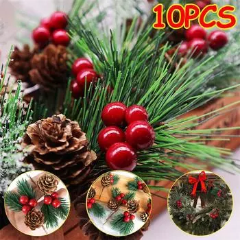 10шт Рождественский искусственный цветок Красная ягода Сосновая шишка Холли Рождественская вечеринка Декор 10Pcs