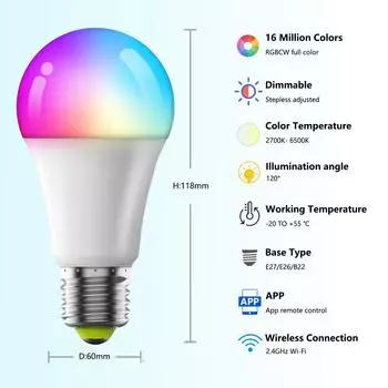 10 Вт WiFi умная лампочка E27 LED RGB лампа работает с Alexa/Google Home 85-265 В RGB+белый диммируемый таймер функция цветная лампочка EU 190-240V