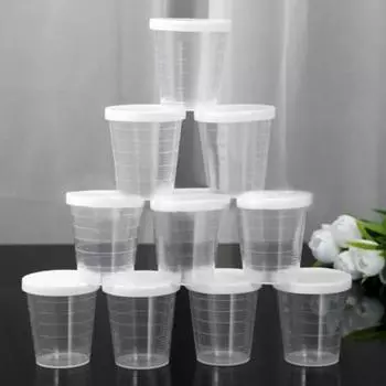 10X100ml Medicine Measuring Measure Cups With White Lids Cap Clear Container Set
