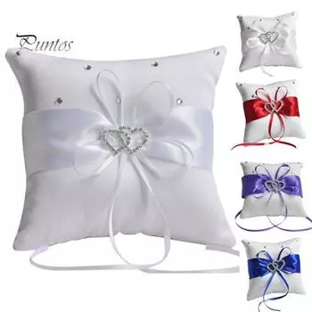 10x10 см романтическая свадебная подушка для обручального кольца с двойным сердцем и лентой, декор подушки белый