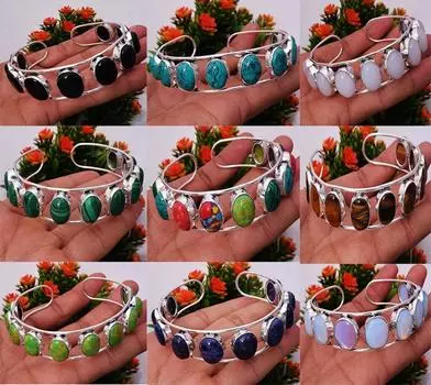 10X14 мм Овальный камень Браслет Браслет Многоцветный Драгоценный Камень Браслет Посеребренный 925 Пробы Регулируемый Браслет Манжета Ювелирные Изделия Free Size синий