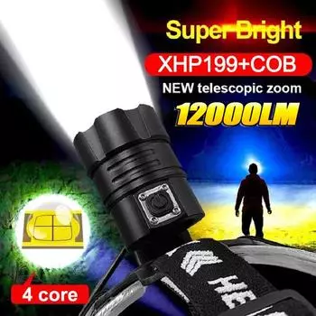 1100000LM XHP199 Мощный светодиодный налобный фонарь с зарядкой от USB, светодиодный налобный фонарь высокой мощности 18650, рыболовный фонарь no battery