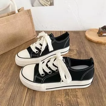 1100 классические тонкие весенние и летние парусиновые туфли женские туфли маленькие белые туфли 2025 новые туфли с круглой головкой и толстой подошвой нишевая повседневная обувь для доски 35 чёрный