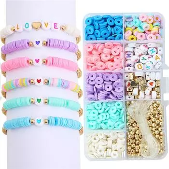 1100 шт./кор., бусины из мягкой глины, набор бусин с буквами алфавита и эластичной нитью для бисера, набор для DIY браслета, ожерелья, аксессуары для изготовления ювелирных изделий