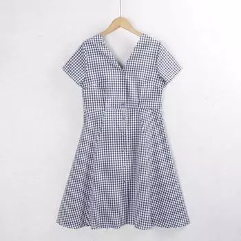 110 3,000 Bird Plaid Dress Summer V-neck Pullover Versatile Waist Hugging Slimming Mid-Length A- line Skirt Women s Skirt Foreign Trade Blue grid S