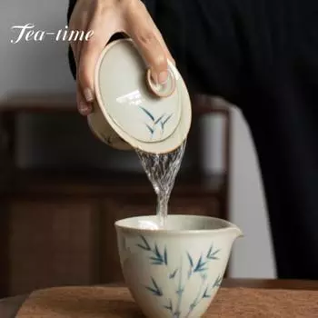 110 мл ручная роспись из зеленого бамбука с керамической крышкой, чаша для льда ручной работы, глазурь, чайная супница, приготовление китайского чая, гайвань, чайная посуда кунг-фу 9.4X7.8CM 110ML