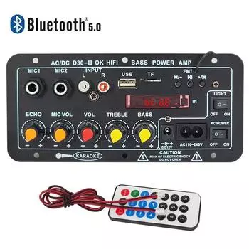 110 В 220 В 12 В цифровой усилитель Bluetooth плата сабвуфер двойной микрофон караоке усилитель динамик домашний кинотеатр DIY 30 Вт
