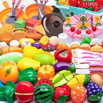 111 шт. кухонный игровой набор для малышей, игра в кулинарию, кастрюли, сковородки, посуда, посуда, повседневная еда, фрукты, овощи, корзина для хранения покупок, десерт, деньги на реквизит One Size
