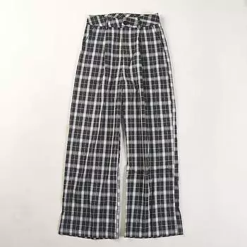 1121 K-style Retro Loose Casual Loose Pants Women s H73420 Spring & Fall High Waist Plaid Drooping Straight Long Pants 2 Black and White S