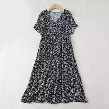 1124 Small V Neck Women s Waist-Tight Slim Looking A- line Small Floral Rayon Dress Black All yards