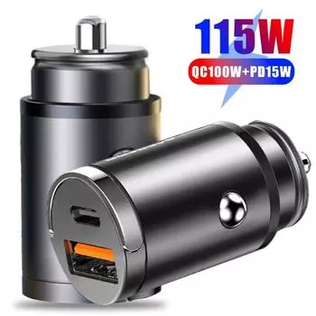 115 Вт Автомобильное USB-зарядное устройство Супербыстрая зарядка Мини-кольцо для мобильного телефона Автомобильное зарядное устройство PD Невидимый адаптер Интерфейсное зарядное устройство чёрный