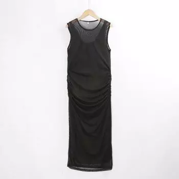 1160 Mesh Long dress Summer round Neck Double Layer Fashion Tie-dye Sheath Slimming Sleeveless Stretch Yarn Skirt Women Foreign Trade Black S