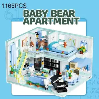 1165 шт., строительные блоки для квартиры с медвежонком, креативный мини-дом, сборка модели, кирпичи, настольный деко, детские игрушки «сделай сам», подарки на день рождения withbox белый/светло-синий
