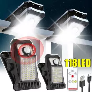 118 светодиодных светильников на солнечных батареях, наружные, 3 режима освещения, светильники для ограждений с цепочкой, дистанционное управление на солнечных батареях, датчик движения, наружное освещение 90LED White Light-1pcs