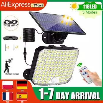 118 светодиодный солнечный светильник для улицы, водонепроницаемый с датчиком движения, прожектор с дистанционным управлением, 3 режима для патио, гаража, заднего двора, солнечная лампа