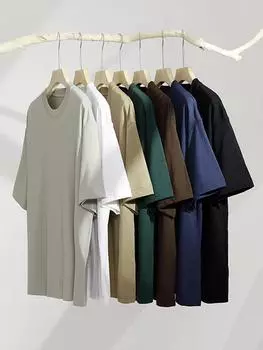 11,29 унций, 320 граммов, плотная хлопковая свободная мужская футболка большого размера, однотонная летняя футболка с заниженными плечами и короткими рукавами S белый