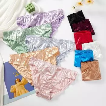 11 цветных сексуальных женских трусиков с оборками, атласное нижнее белье из ледяного шелка, бесшовное комфортное нижнее белье с низкой талией, однотонное женское нижнее белье S чёрный