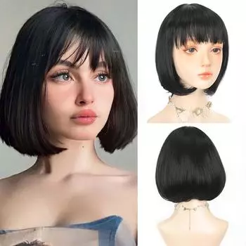 11-дюймовый синтетический парик боб с челкой, короткие прямые черные волосы, парик для косплея для женщин, термостойкое волокно, повседневное использование