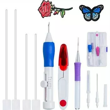 11-Piece Magic Embroidery Pen Set with Punch Needle, Needle Threader and Pattern - DIY Sewing and Craft Kit for Garment Customization