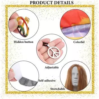 11 шт., аксессуар для костюма хиппи, ожерелье со знаком мира, очки, повязки на голову, парик 60S 70S