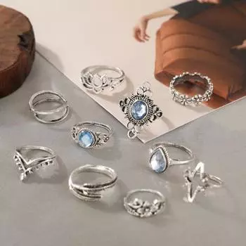 11 шт./компл., кольца в стиле ретро с цветочным резным узором, набор колец серебряного цвета с выдолбленными искусственными драгоценными камнями и инкрустацией серебряного цвета серебряный