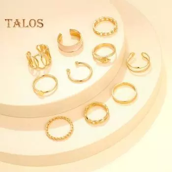 11 шт./компл. набор женских колец, полые разной формы, витой полированный, гладкий сплав, регулируемое открытое кольцо, штабелируемые ювелирные изделия на безымянный палец на костяшке пальца золотистый