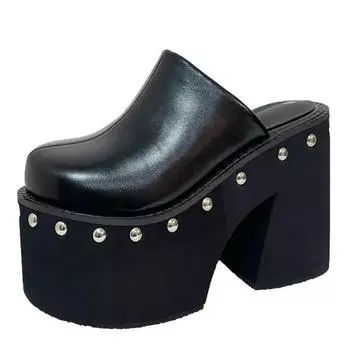 11 см PU кожа женские модные туфли на высоком каблуке на платформе танкетке летние черные круглые сандалии с большим носком женские тапочки большого размера обувь 34 чёрный