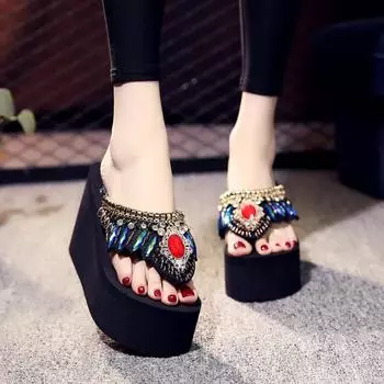 11 см высокие каблуки тапочки женские летние модные шлепанцы на платформе танкетке нескользящие шлепанцы 35