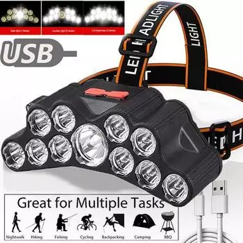 11 светодиодов фара 15000LM Портативный фонарик Светодиодная фара USB аккумуляторная фара для ночной рыбалки Спорт на открытом воздухе Кемпинг и походный фонарик 5 LED чёрный