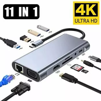 11 в 1 USB C-концентратор для Macbook Air Pro, совместимый с Type C на HDMI, Usb3.0 Rj45, 11-портовая база с Pd, TF, SD, Aux, Splitter 3.0 серый