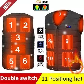11-зонный жилет с подогревом Новая обновленная версия унисекс USB-жилет с электрическим подогревом Куртка-грелка Зимний жилет для кемпинга на открытом воздухе 3-скоростная температура 6XL чёрный
