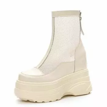 11cm Air Mesh Hollow Patent Leather Summer Platform Wedge Fashion Sandal Knee High ZIP Ankle Boots Breathable Wedge Shoes Black 33 бежевый