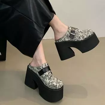 11cm Block High Heels Black Slingback Shoes Women Close Toe Platform Chunky Heeled Slippers Punk Summer Sapatos Femininos 2025 34