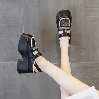 11CM Genuine leather Platform Chunky Heel Sandals For Women Girls Roman Buckle Strap Block Chunky Heel Summer Bling Casual Shoes 33