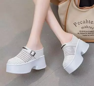 11CM Genuine Leather Synthetic Women 2025 Summer Platform Wedge Brand Weaving Shoes Fashion Casual High Slippers Sandals Hollow 33