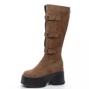 11CM Genuine Leather Women Boots Knee High Fashion British Ankle Spring Belt Buckle Rider Boots Autumn Platform Wedge Shoes 33 коричневый