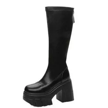 11CM Microfiber Roman Spring Knee High Boots Ladies Hight Top Autumn Winter Women Synthetic Leather Platform Wedge Ladies Shoes 34 бежевый