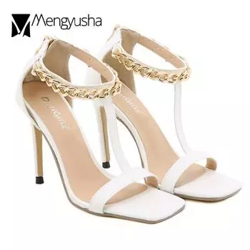11cm Women Stilleto High Heels Shoes T-Strap Sandals Gladiator Metal Chains Slingback Lady Office Party Shoes Big Size Sandalias 5 белый