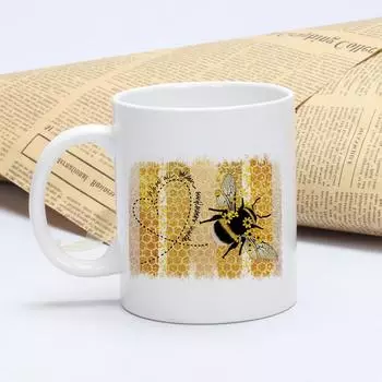 11oz Cute Golden Sunflower Bee Honey Letter Love Pattern Milk Coffee Juice Ceramic Sublimation Mug Suitable For Gifts 11oz