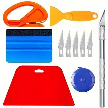 11pcs (1 красный трапециевидный скребок + 1 скребок с коротким ворсом + 1 изогнутый нож + 1 рулетка + 1 желтый шпатель + 1 разделочный нож + 5 лезвий) 11pcs / Set