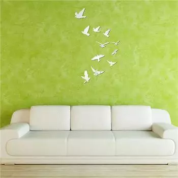11pcs/set Flying Birds Mirror 3D Acrylic DIY Wall Sticker Silver Removable Wall Decal Wall Decoration for Living Room Bedroom Medium